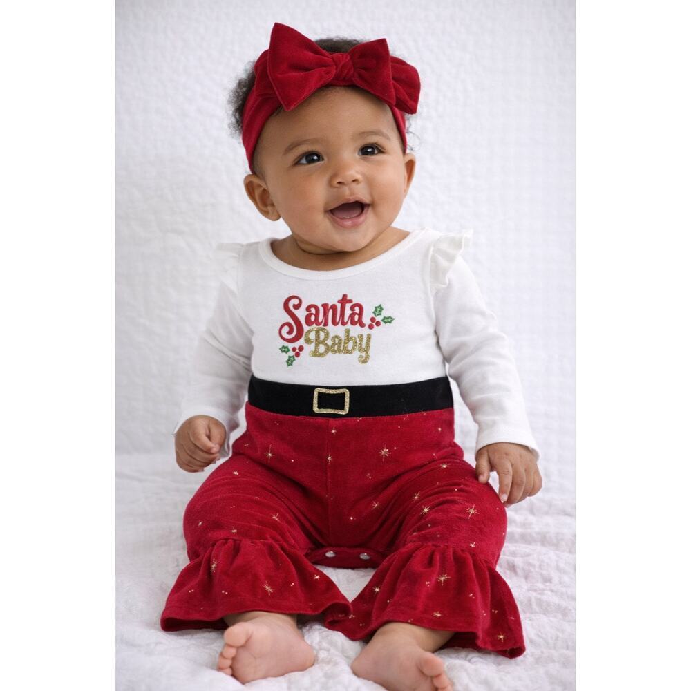 NWT Baby Girl Santa Baby Christmas Romper with Bell Bottom Pants Size 12M